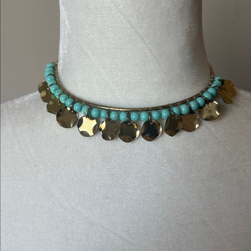 NKN Nekane Joyce Blue Beaded Gold Disc Distressed Choker Necklace NWT Reg. $89 - Picture 2 of 9